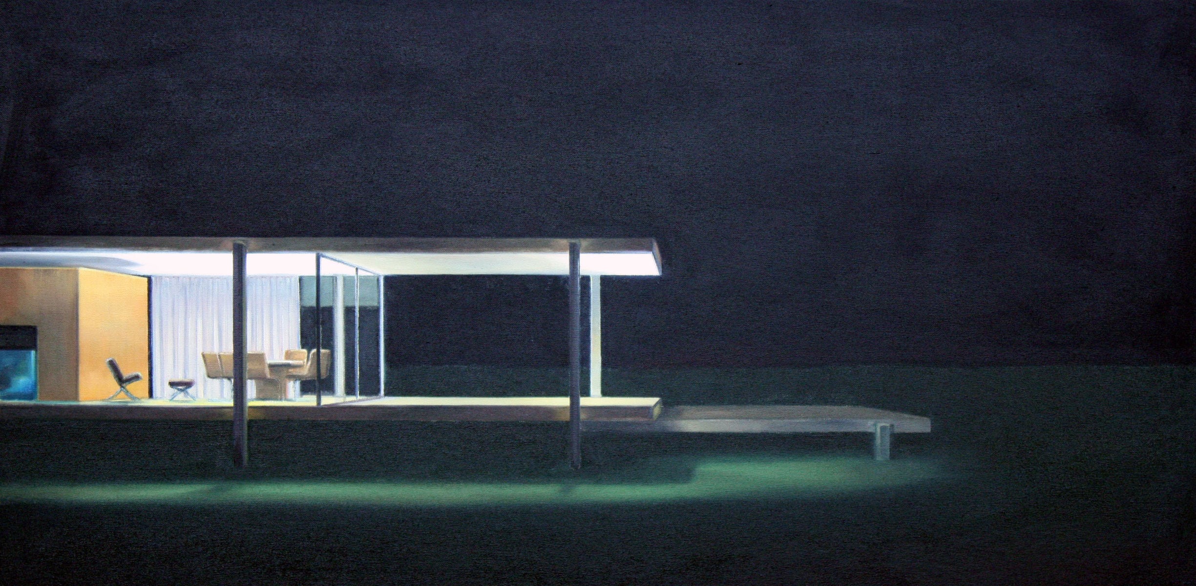 Farnsworth hous at night II, 2017, 500x100cm, Öl auf Lw