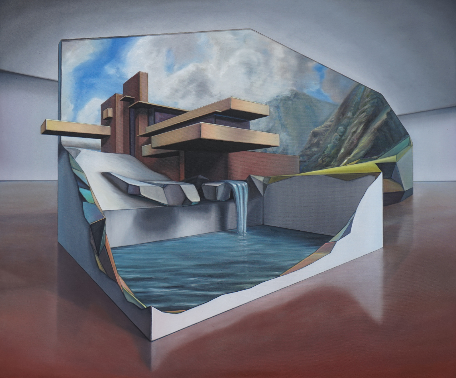 house falling water modell, 2019, 100x120cm, Öl auf Lw